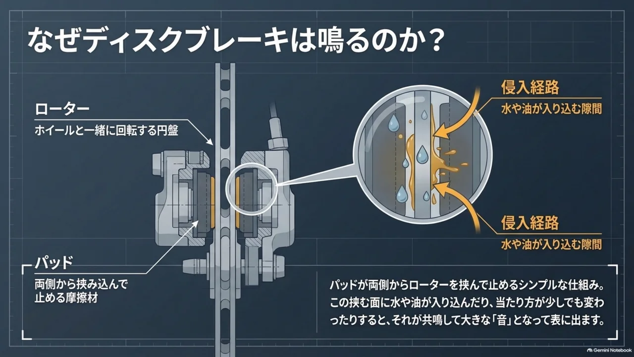 road-bike-disc-brake-noise-rotor-pad-water-oil-entry-diagram