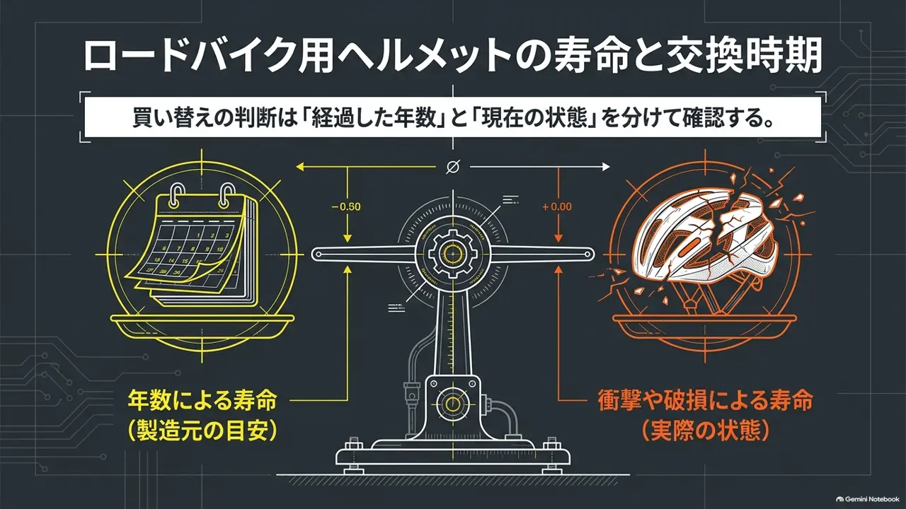 ロードバイク用ヘルメットの寿命|ロードバイク用ヘルメットの寿命と交換時期のスライド