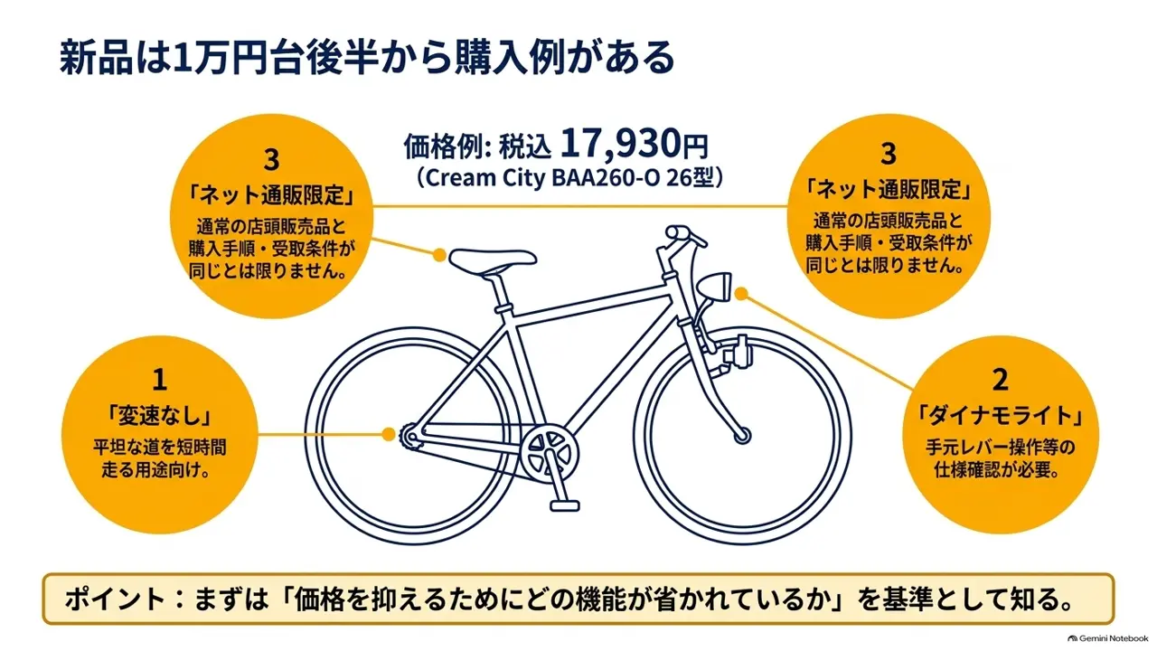 ママチャリの値段相場|新品は1万円台後半から購入例があるのスライド