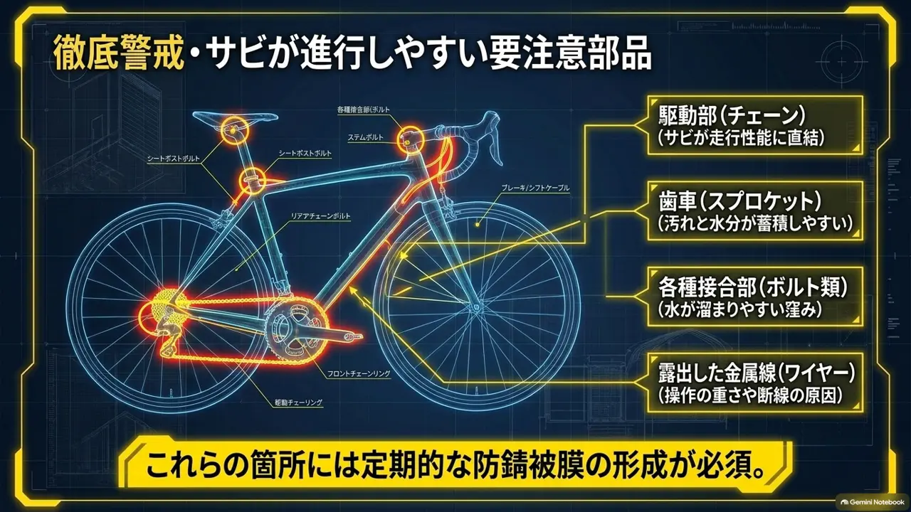 ロードバイクの屋外保管|雨・紫外線・湿気で傷みやすい部分のスライド