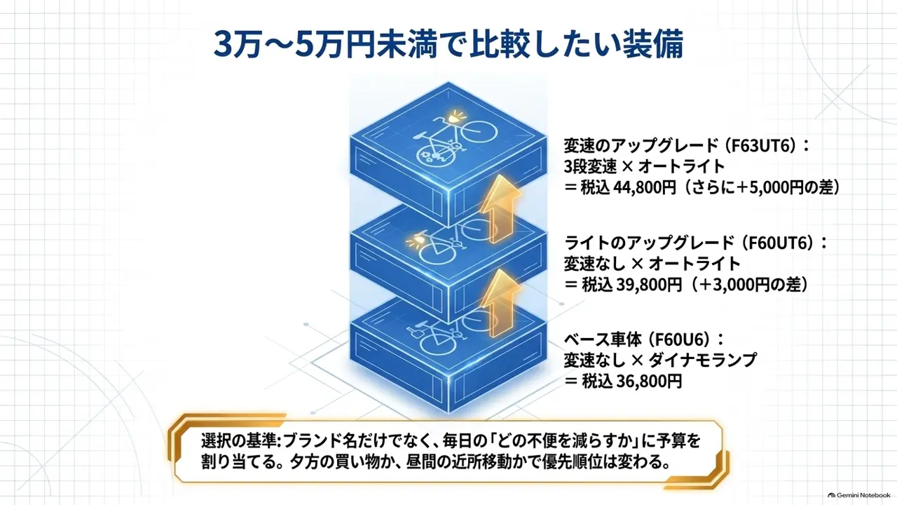 ママチャリの値段相場|3万〜5万円未満で比較したい装備のスライド