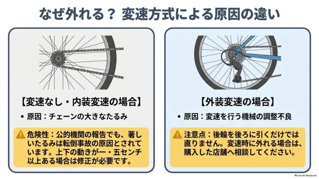 mamachari-chain-slack-derailleur-trouble-cause-comparison-diagram
