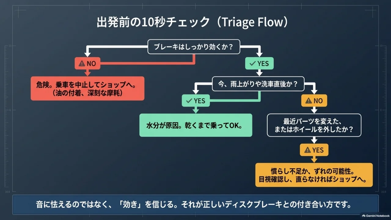 road-bike-disc-brake-noise-pre-ride-triage-flowchart
