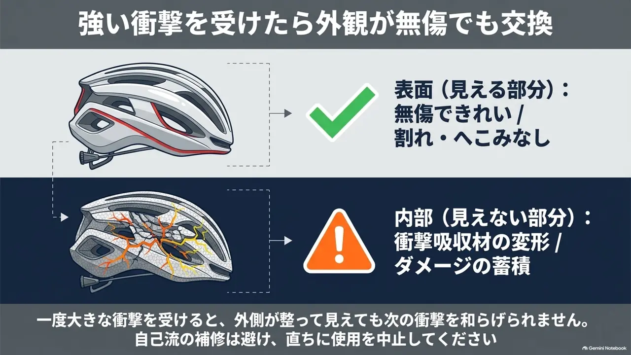 ロードバイク用ヘルメットの寿命|強い衝撃を受けたら外観が無傷でも交換のスライド