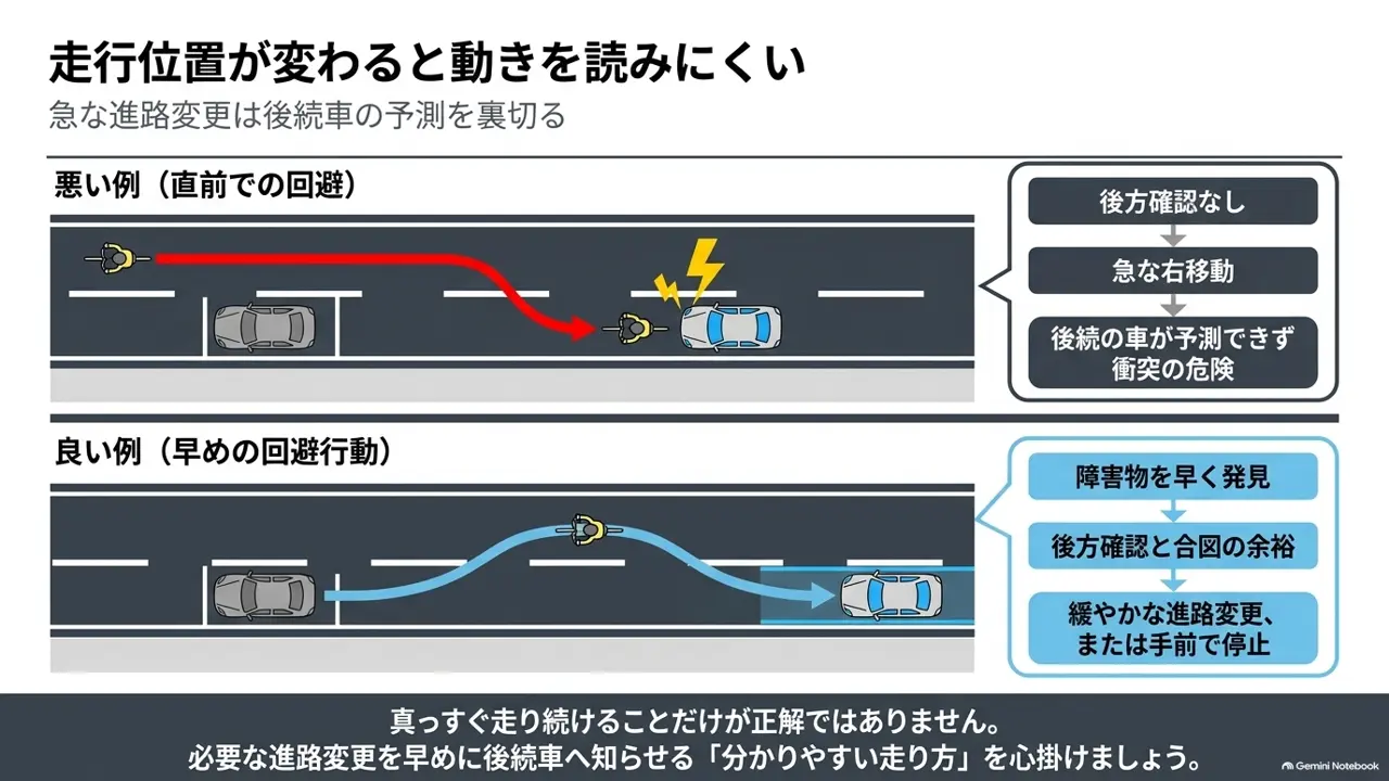 road-bike-sudden-lane-change-vs-early-avoidance-diagram