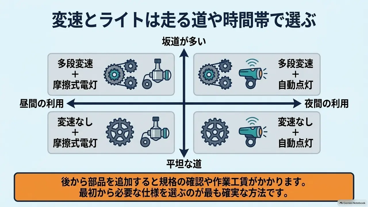 ママチャリの値段相場|変速とライトは走る道や時間帯で選ぶのスライド