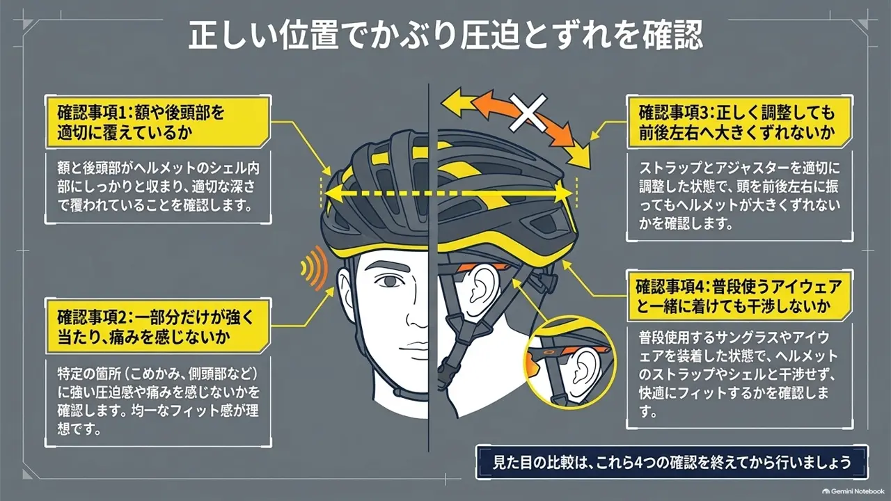 ロードバイク用ヘルメットの寿命|正しい位置でかぶり圧迫とずれを確認のスライド