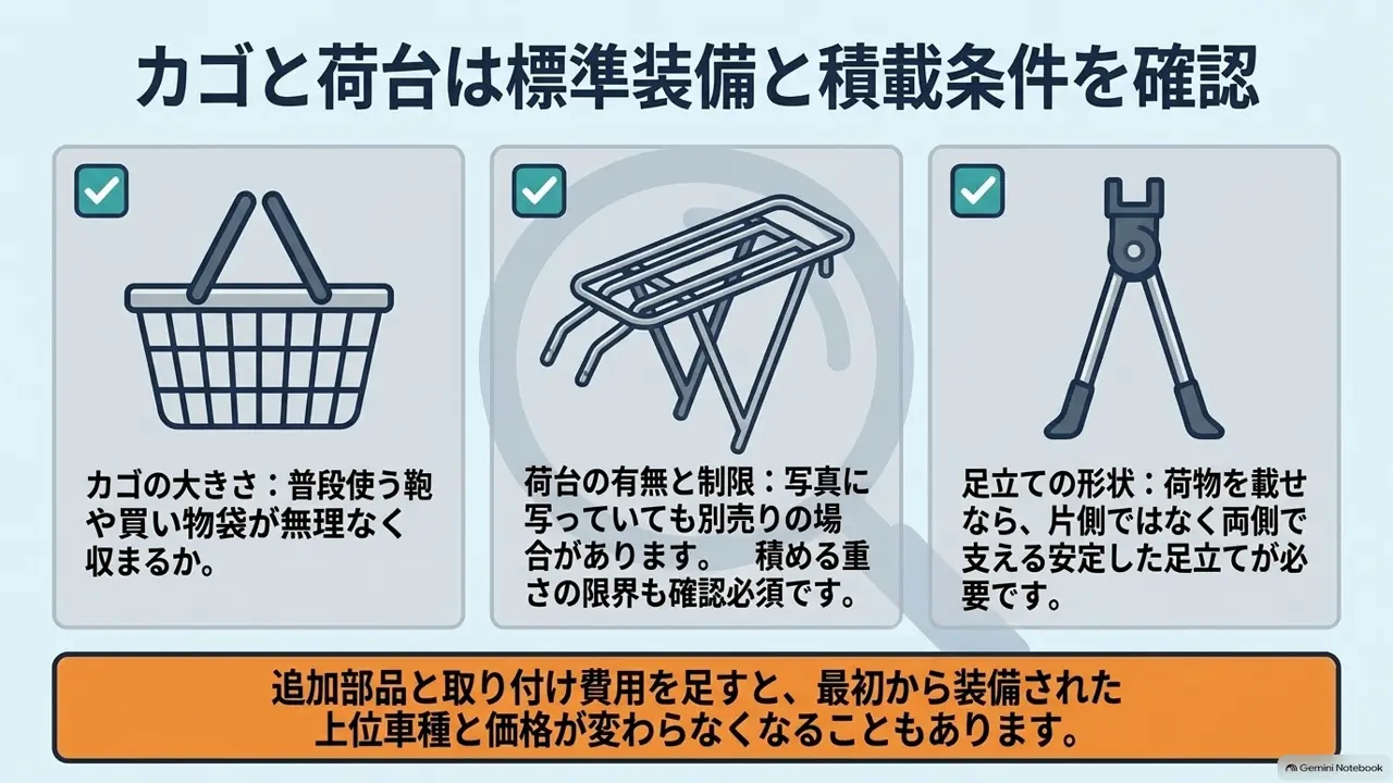 ママチャリの値段相場|カゴと荷台は標準装備と積載条件を確認のスライド