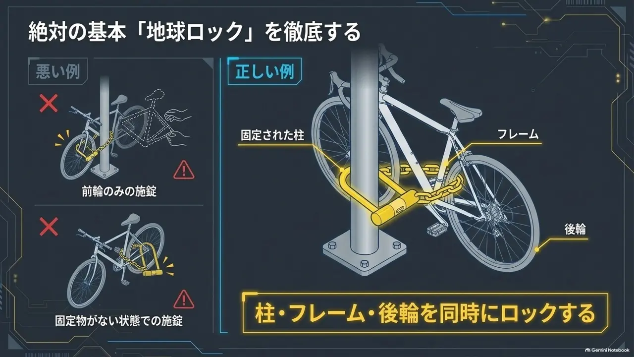 ロードバイクの屋外保管|鍵は地球ロックとツーロックを基本にのスライド