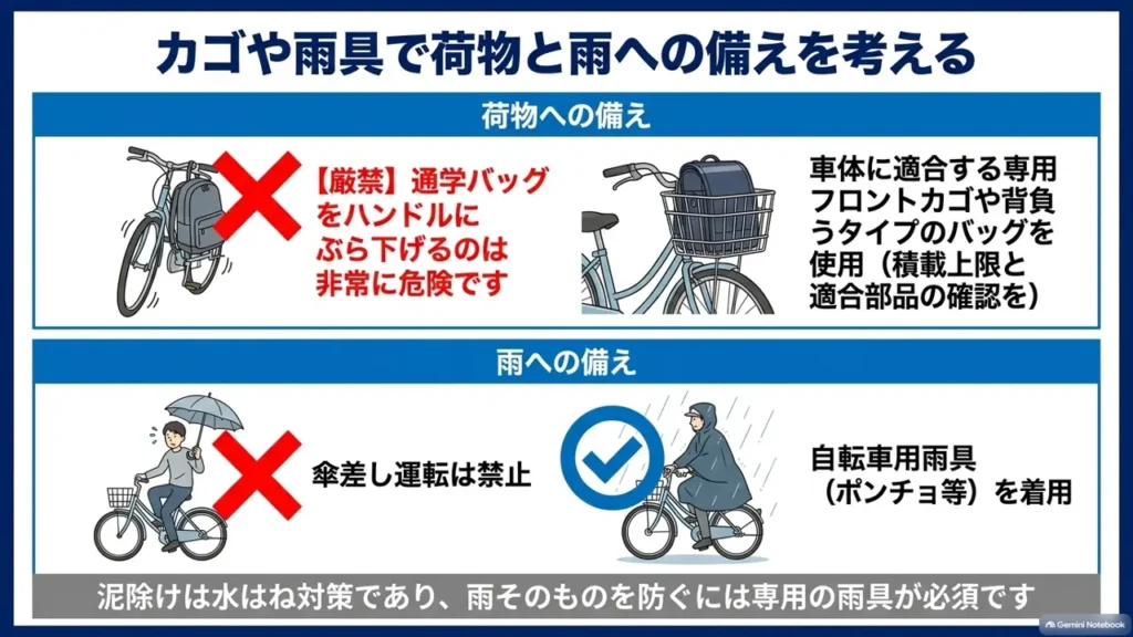 cross-bike-basket-raingear-bag-handling-safety-diagram