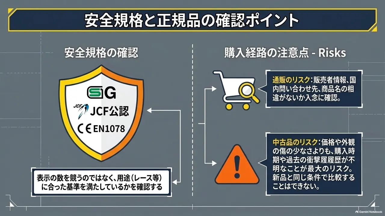 ロードバイク用ヘルメットの寿命|安全規格と正規品の確認ポイントのスライド
