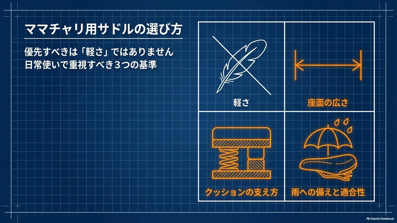 ママチャリ用サドルを選ぶときに見る3つの基準を示した図