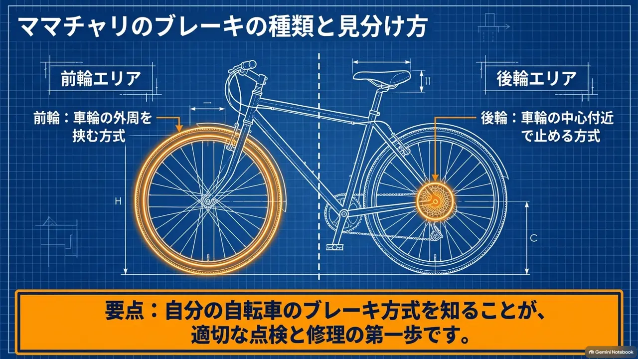 ママチャリの前輪と後輪のブレーキ位置と種類の見分け方を示した図