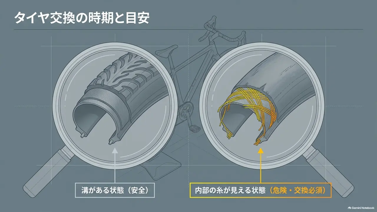 溝のある状態と、内部の糸が見える交換が必要な状態のタイヤを比べた図