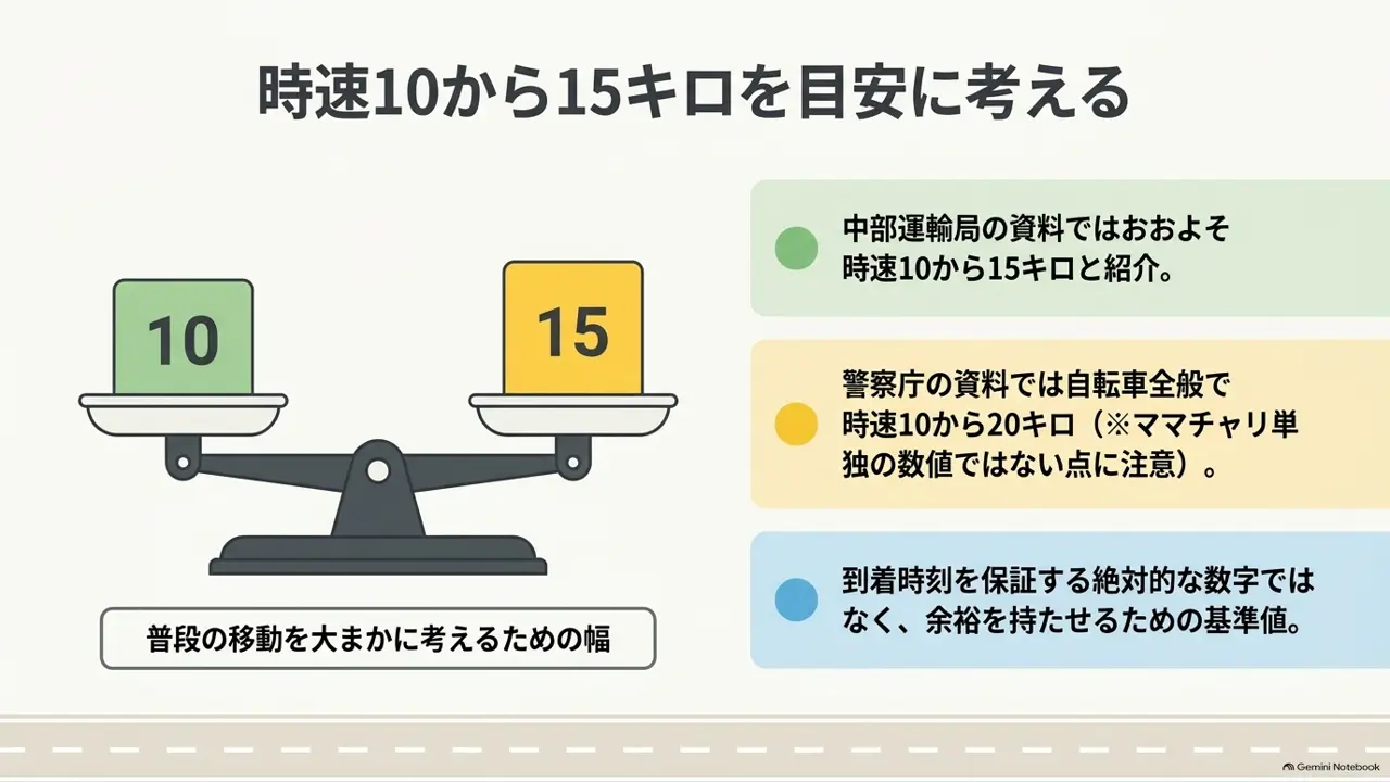 ママチャリの時速10〜15kmという目安を示した図