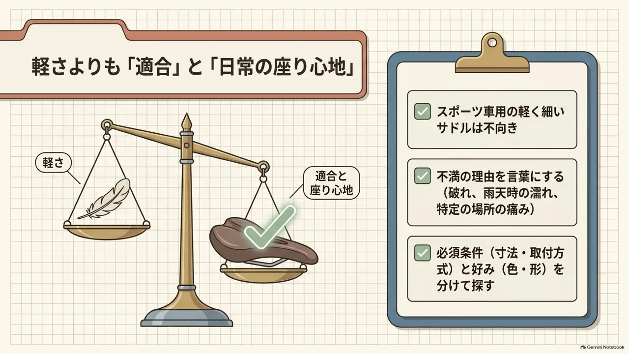 軽さよりも適合と日常の座り心地を重視するサドル選びを天秤で示した図