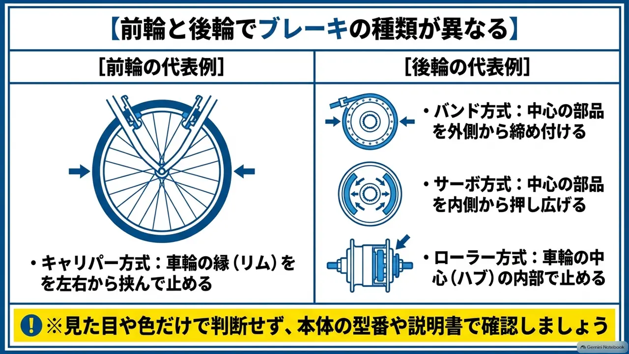 前輪のキャリパーと後輪のバンド・サーボ・ローラーの違いを並べた図