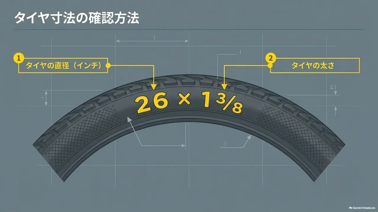 タイヤ側面の「26×1 3/8」表記の位置と読み方を示した図