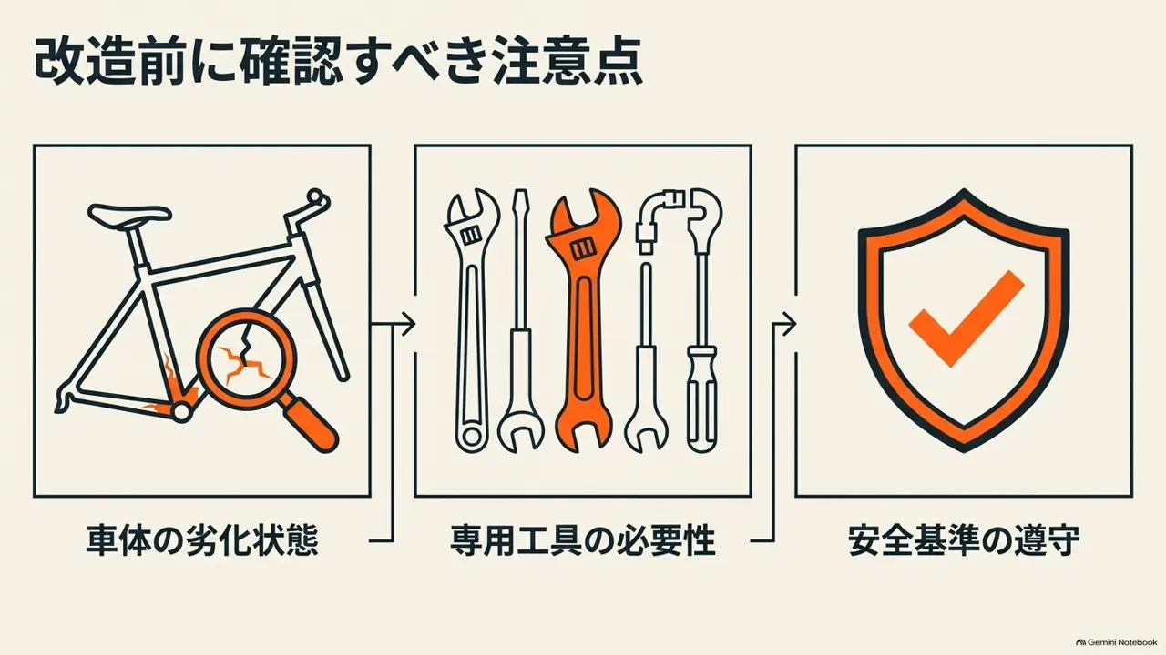 車体の劣化状態、専用工具の必要性、安全基準の遵守という改造前の確認事項を並べた図