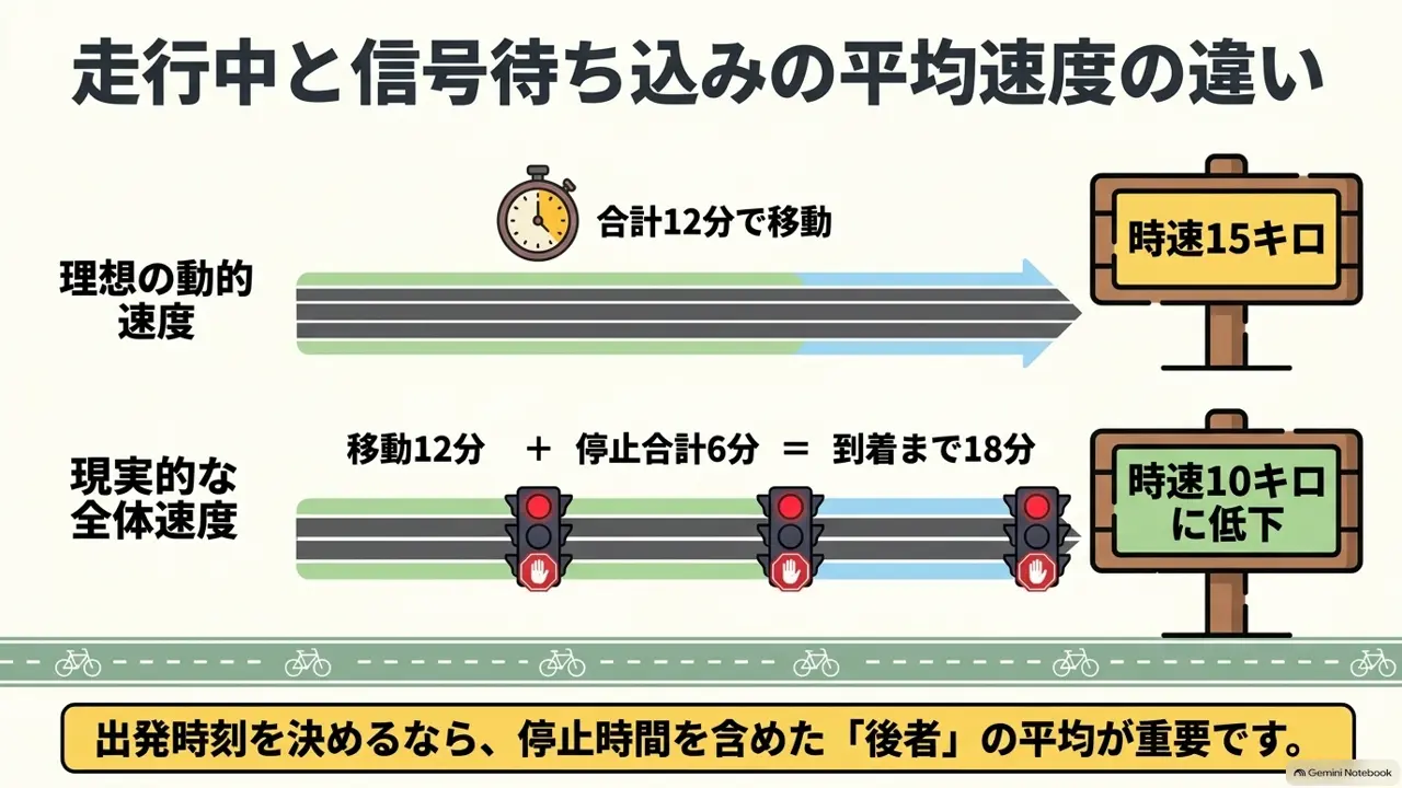 走行中の平均速度と信号待ちを含む平均速度の比較図