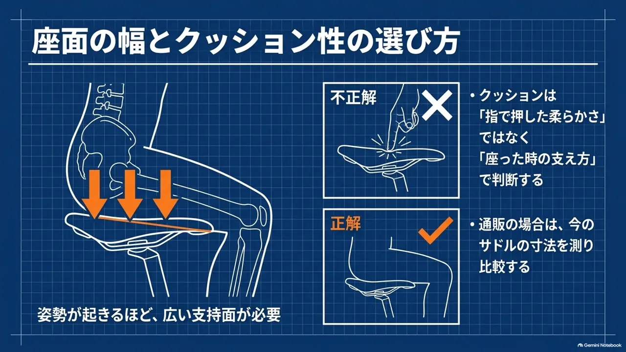 上体を起こす姿勢で座面の幅とクッション性を確認するサドル選びの図