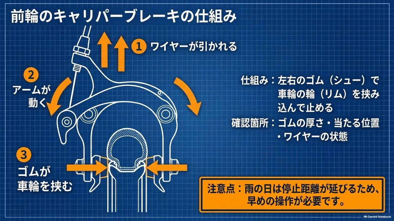 ワイヤーが引かれてアームが動きゴムが車輪を挟むキャリパーブレーキの図