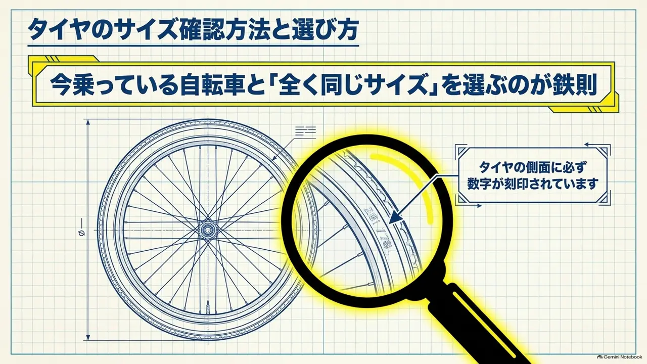 今乗っている自転車と同じサイズのタイヤを選ぶために側面の数字を確認する図