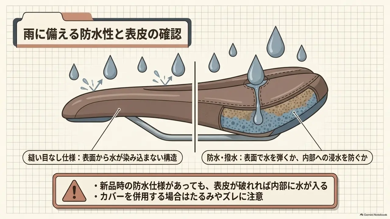 サドルの縫い目なし仕様と防水・撥水の違いを比べた断面図