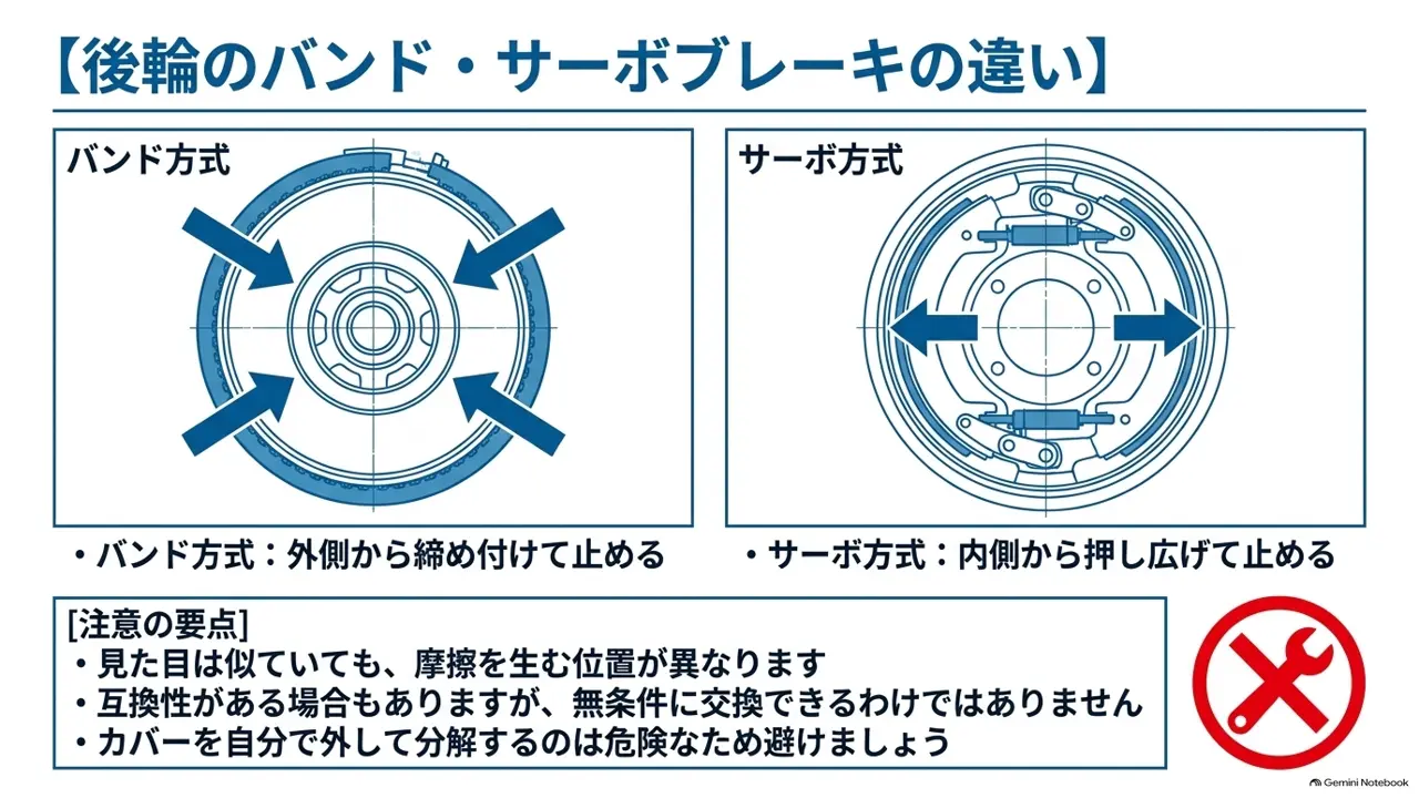 バンド式の外側から締め付ける仕組みとサーボ式の内側から押し広げる仕組みの比較図