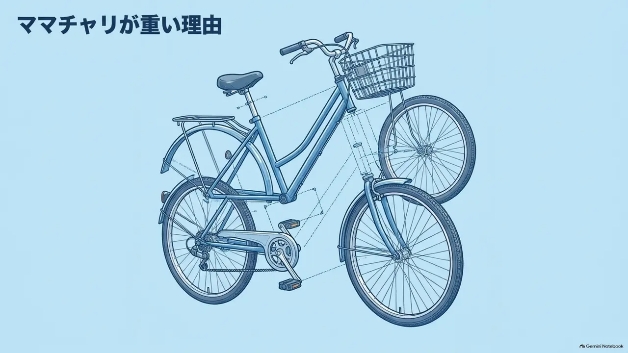 カゴや泥除け、スタンドなどの装備を備えた一般的なママチャリの構造を示した図