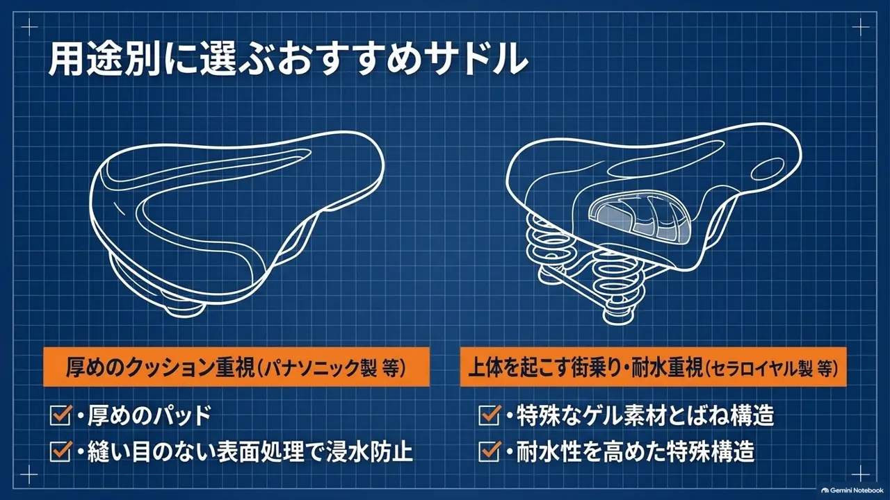 厚めのクッション重視と街乗り・耐水重視のサドルを比べた図