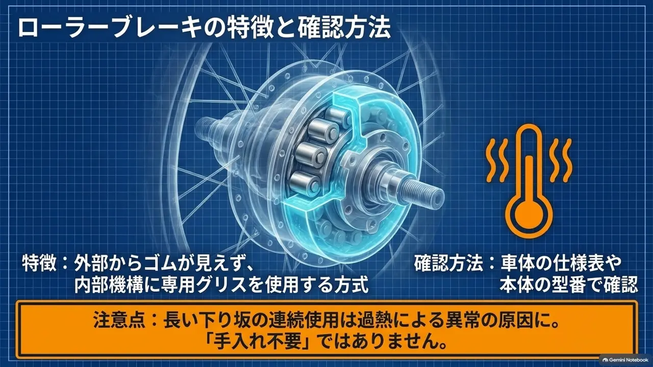 ハブ内部で制動するローラーブレーキの構造と注意点を示した図