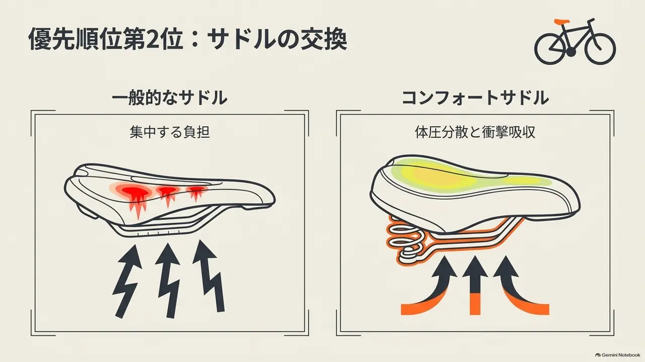 一般的なサドルとコンフォートサドルの体圧のかかり方を比べた図