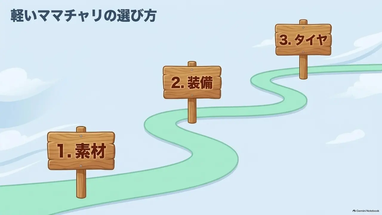 素材、装備、タイヤの3つの視点で軽いママチャリを選ぶ道筋を示した図