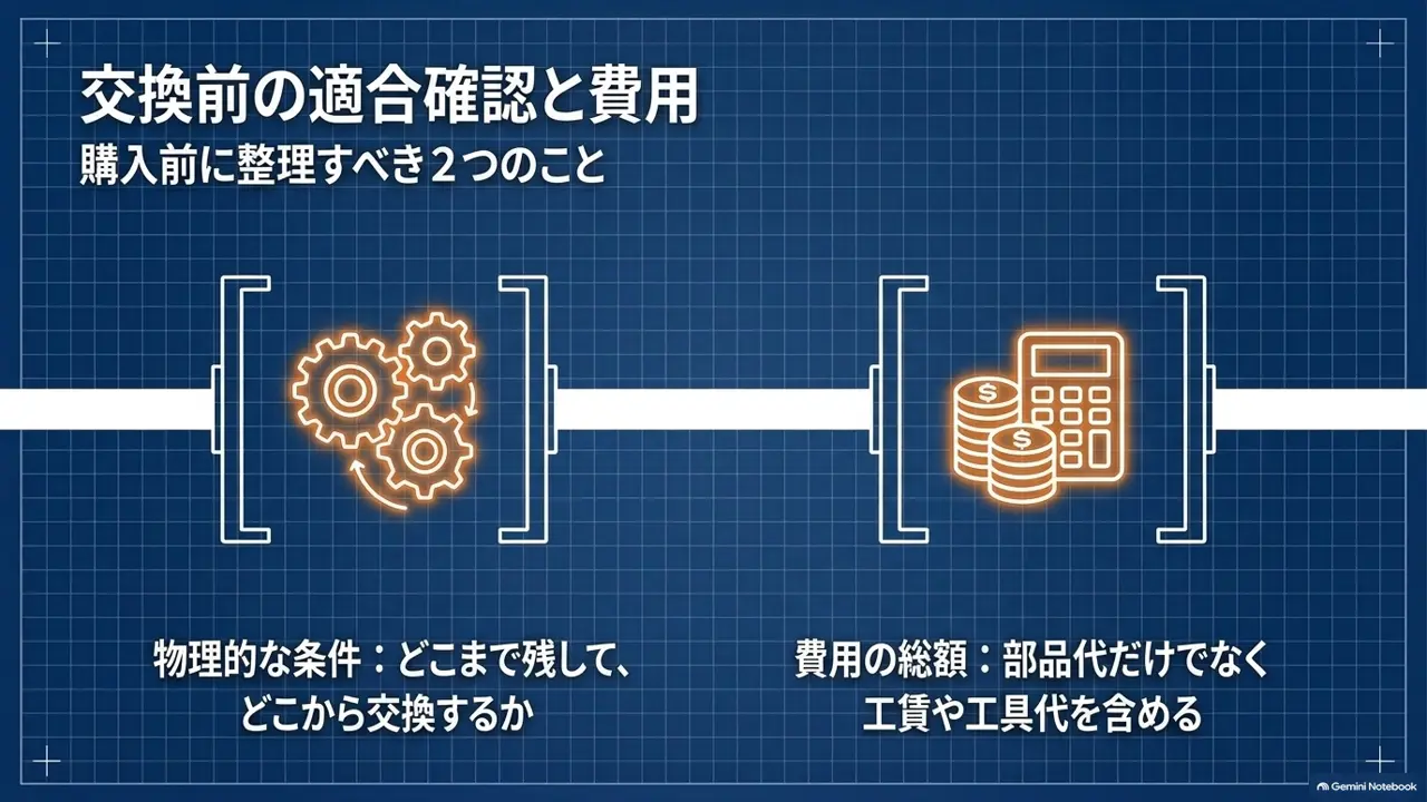 サドル交換の前に整理する物理的な条件と費用の2点を示した図