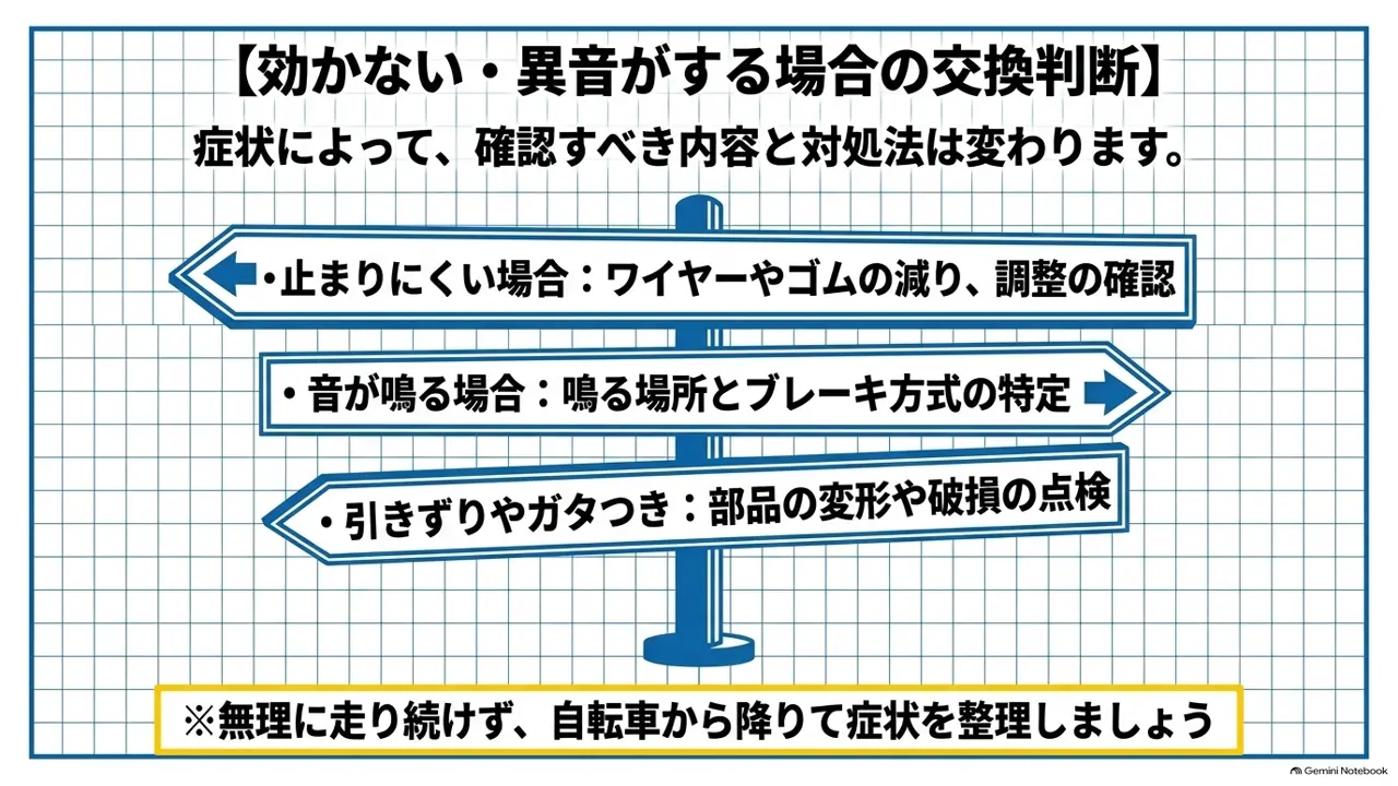 止まりにくい・音がする・引きずりの症状別に確認内容を示した道標の図