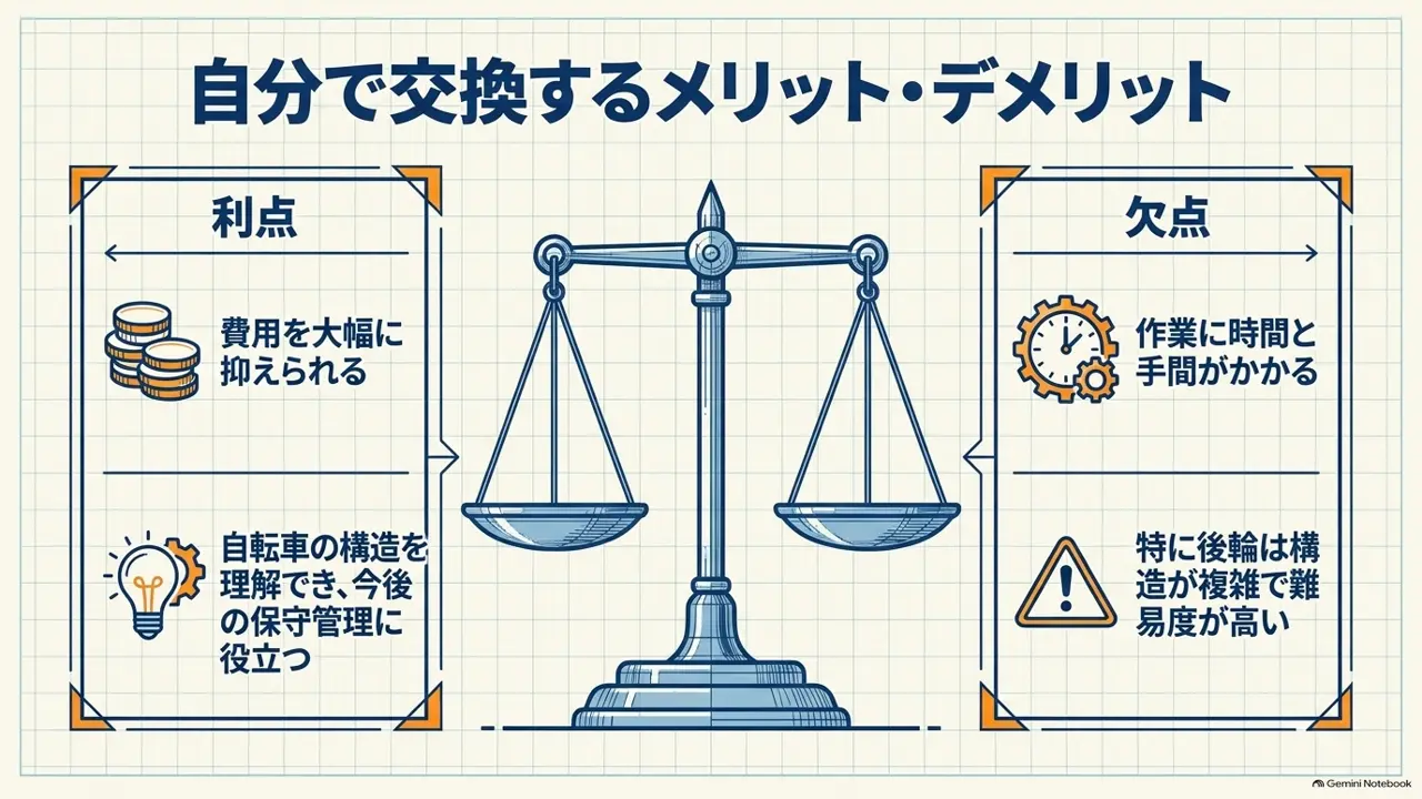 自分でタイヤ交換をする場合の利点と欠点を天秤で比べた図