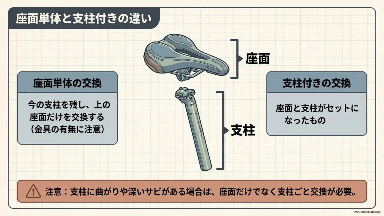 サドル単体の交換とシートポスト付きの交換の違いを示した図