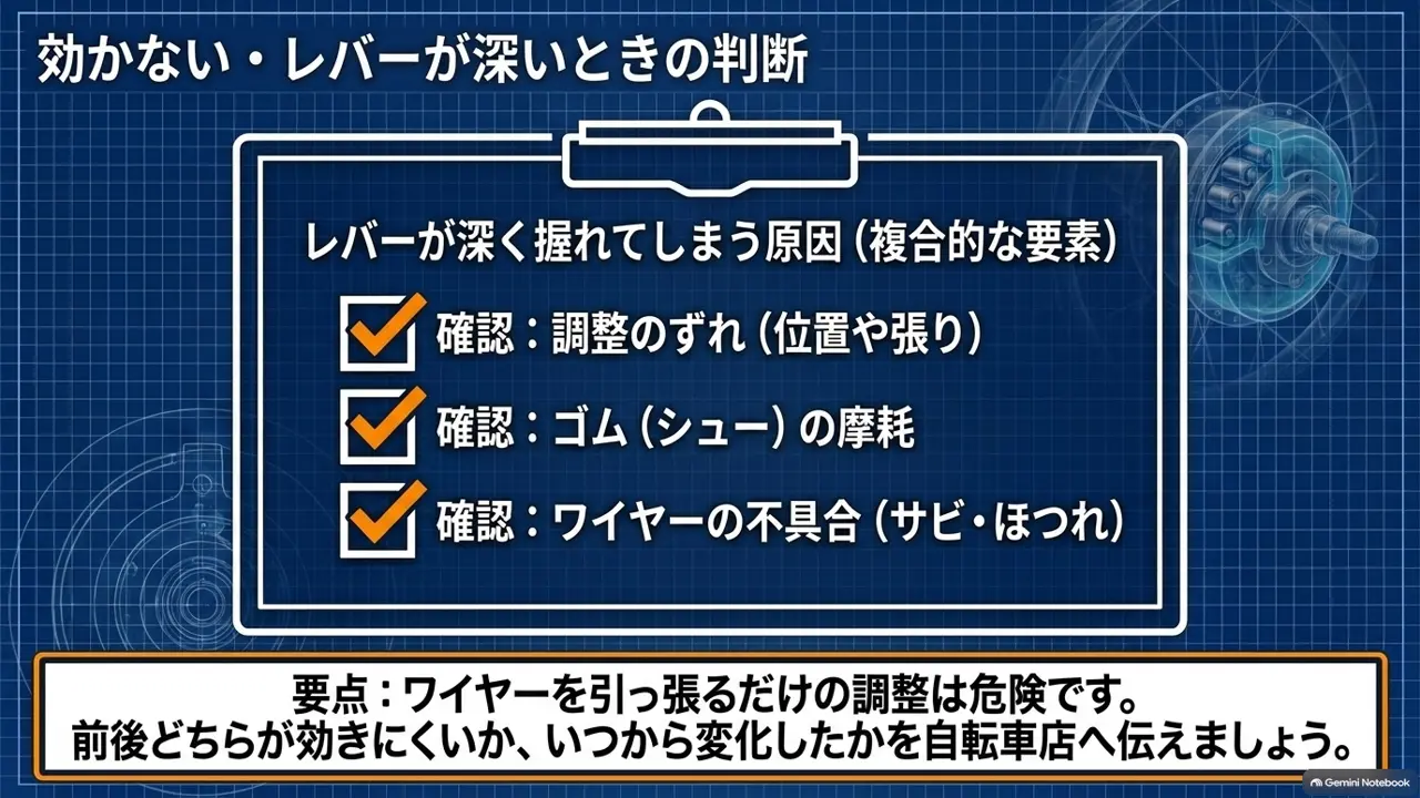 レバーが深く握れてしまう原因の確認項目を示したチェックリスト図