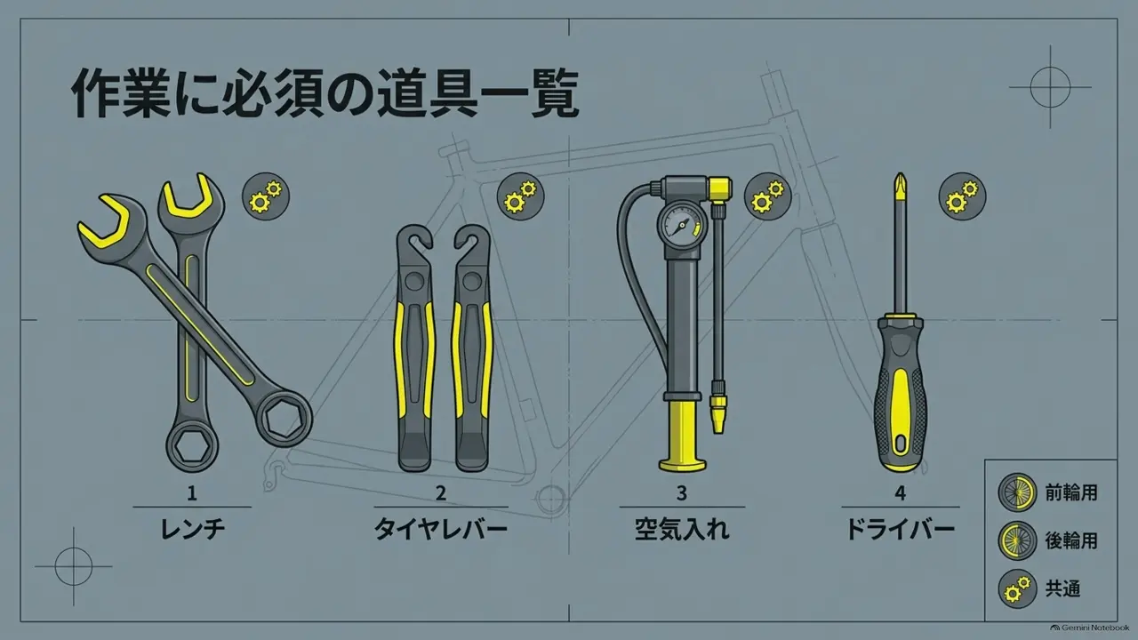 レンチ、タイヤレバー、空気入れ、ドライバーの工具一覧図