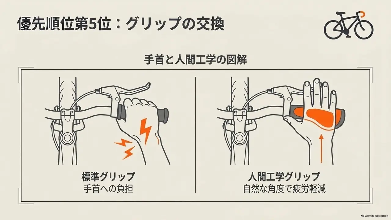 標準グリップと人間工学グリップで手首にかかる負担を比べた図