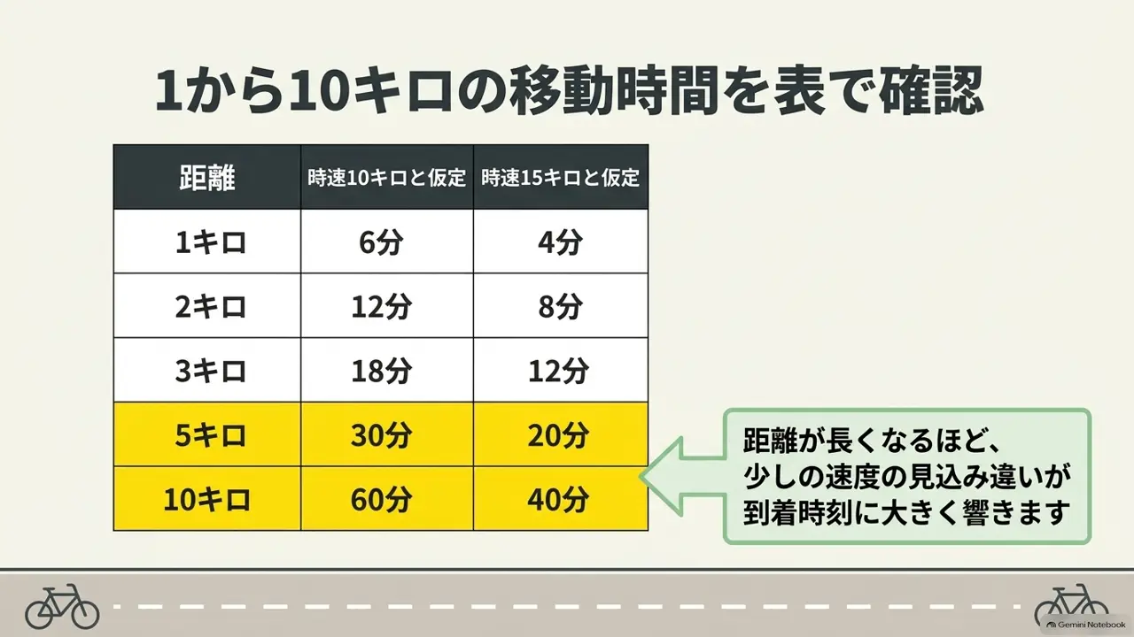 時速10kmと15kmで1〜10kmの移動時間を比べた表
