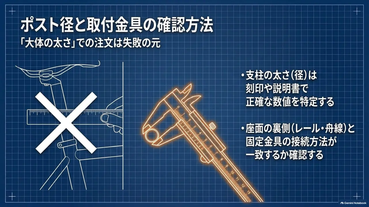 ノギスでポスト径を測りサドル裏の取付金具を確認する方法の図