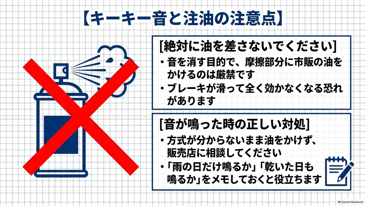ブレーキの摩擦面へ油を差してはいけないことを示した注意図
