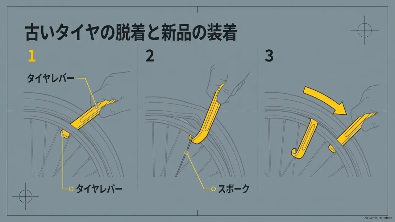 タイヤレバーを使って古いタイヤを外し、新品を装着する3つの手順を示した図