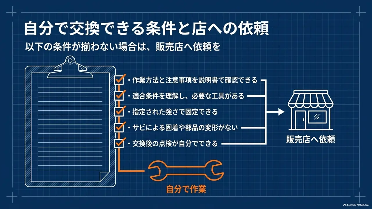自分で交換できる条件と販売店へ依頼する場合の判断を示した図