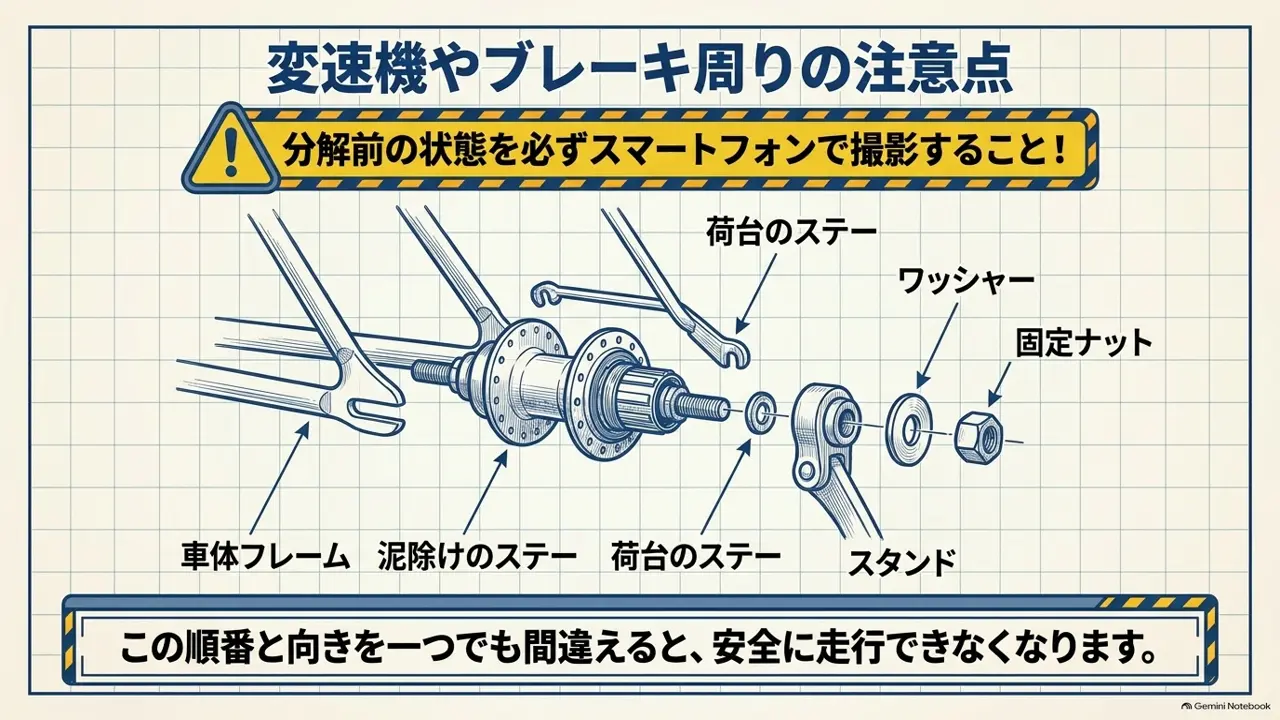 後輪の固定ナットやワッシャー、スタンド、泥除けのステーなど部品の位置関係を示した図