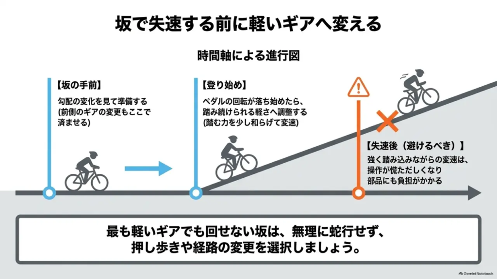 road-bike-hill-early-downshift-timeline