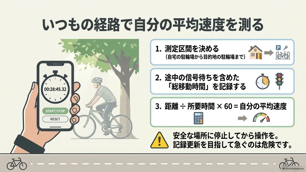 ストップウォッチで自分の平均速度を測る3つの手順の図