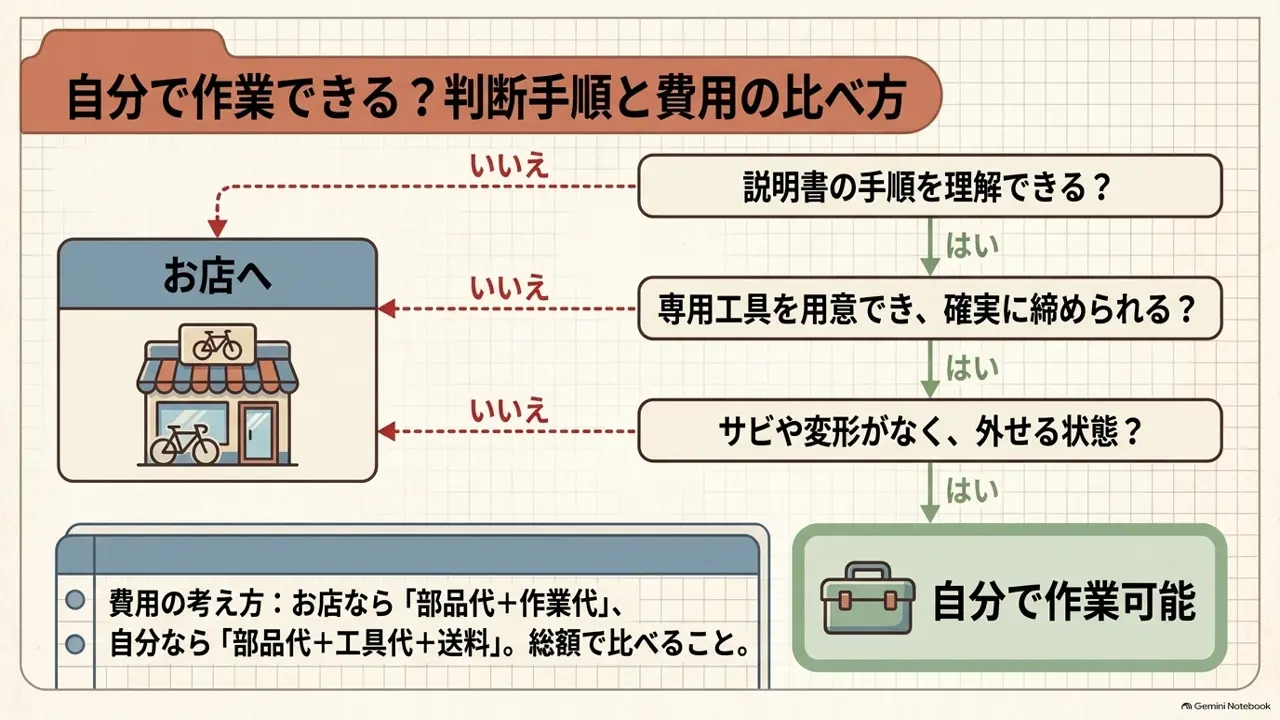 自分で作業する場合と店へ依頼する場合の交換手順と費用の比べ方を示したフロー図